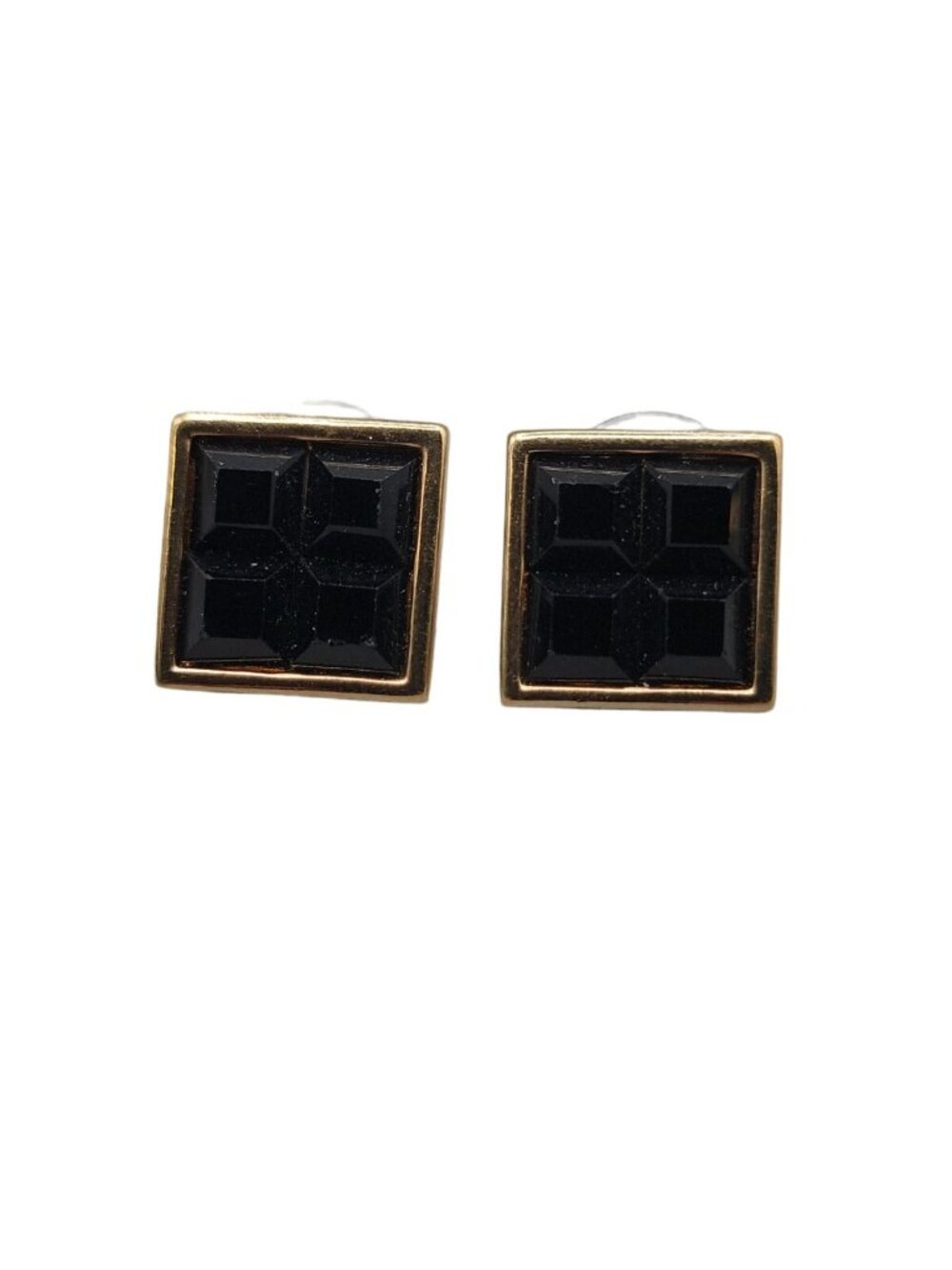 Swarovski Sal Signed Black Crystal Grid Square Post Earrings Gold Plated Studs - Picture 12 of 13